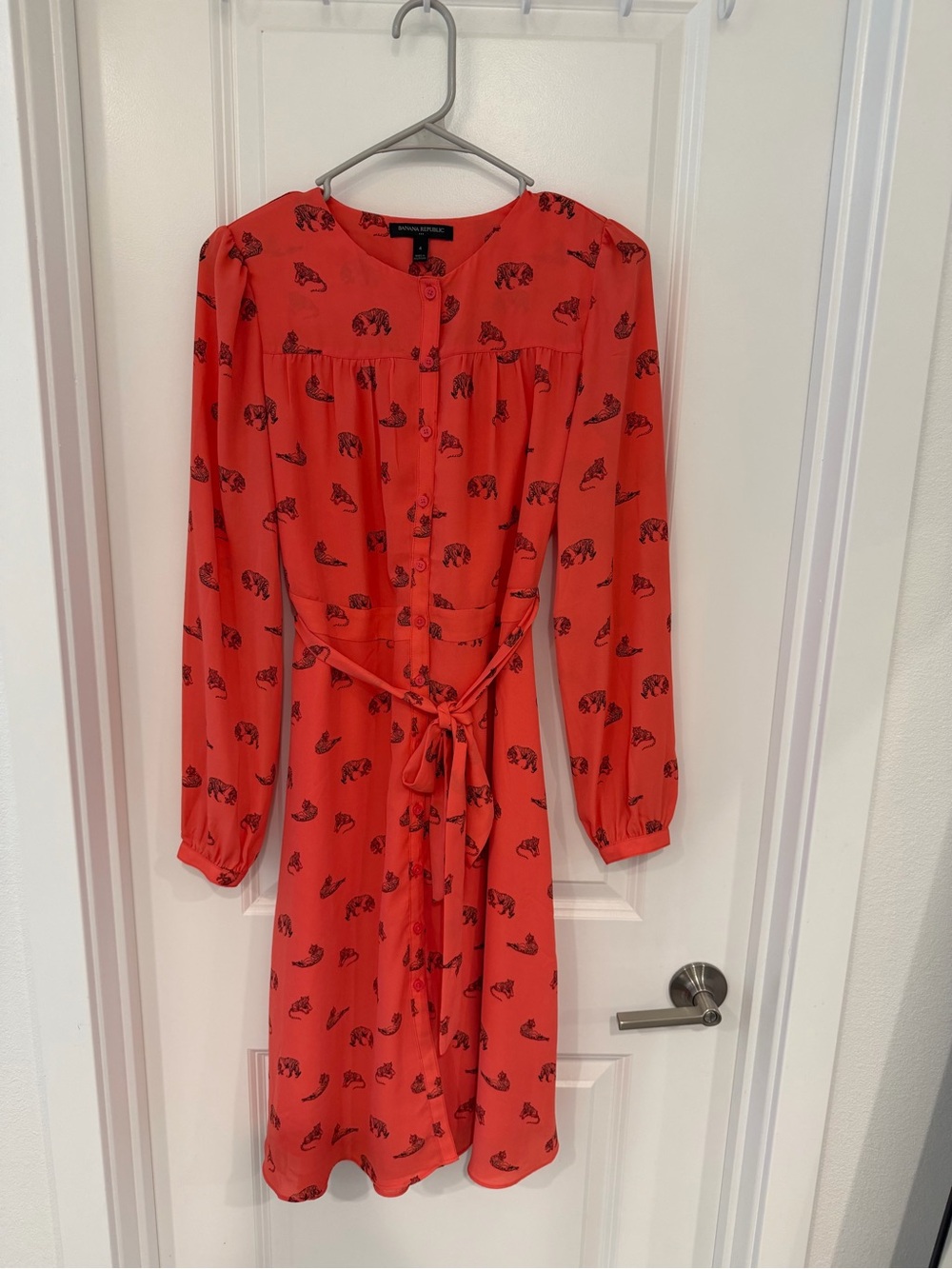 Banana Republic Coral Red Long Sleeve Shirt Dress with Black Print